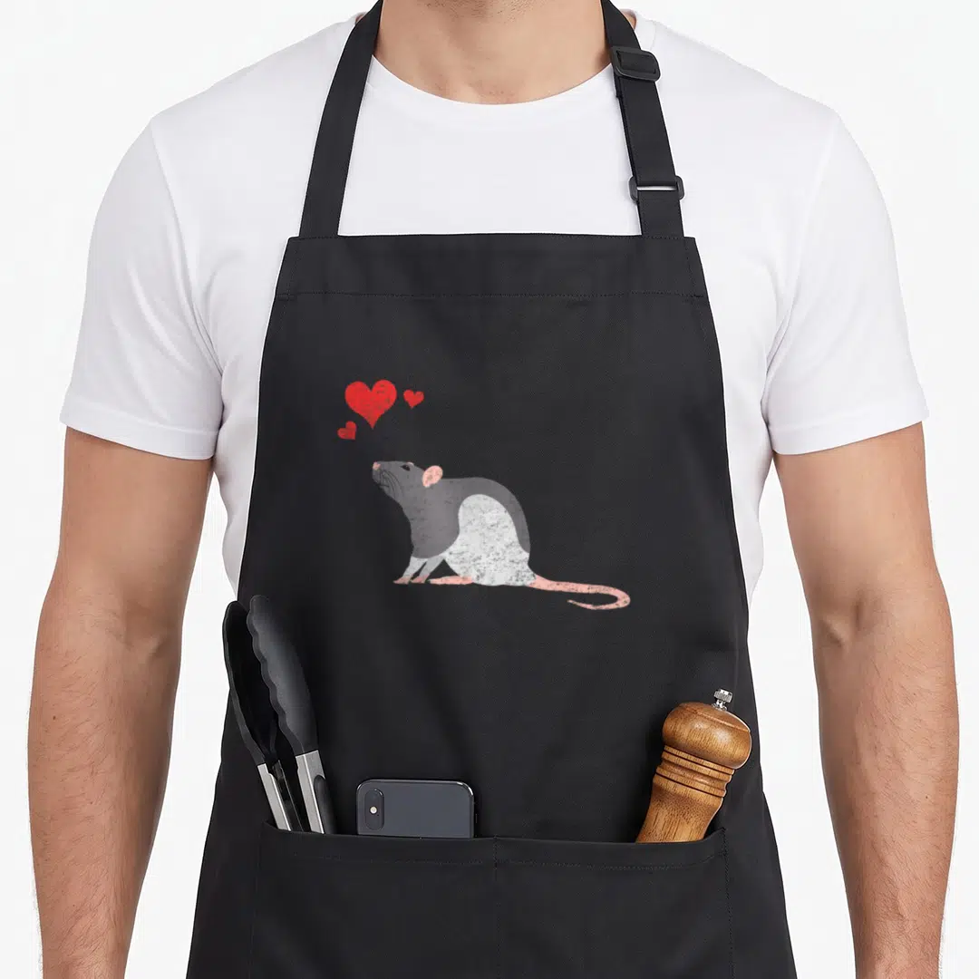 Rodent pet apron - Grey and white cartoon rat facing left with three red hearts floating above — shown on a black cotton canvas apron against a white background