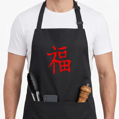 Chinese calligraphy lover apron - Red Chinese character for happiness printed on a grey background — shown on a black cotton canvas apron against a white background