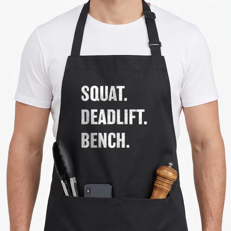 Weightlifting bench apron - White SQUAT. DEADLIFT. BENCH. stacked text on black background — shown on a black cotton canvas apron against a white background
