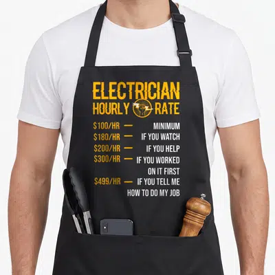 Cute hourly electrician apron - Yellow text listing electrician hourly rates next to a raised fist emblem — shown on a black cotton canvas apron against a white background