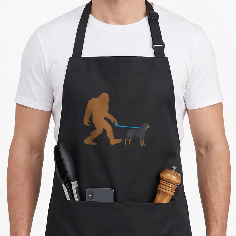 Rottweiler walking apron - Brown Bigfoot silhouette holding blue leash attached to dark grey Rottweiler dog standing — shown on a black cotton canvas apron against a white background
