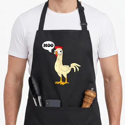 Fowl hen apron - Cartoon chicken with red comb saying MOO in white speech bubble — shown on a black cotton canvas apron against a white background