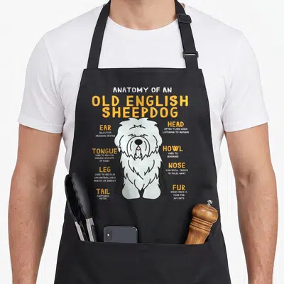 Anatomy english aprons - Cartoon Old English Sheepdog diagram with yellow text labels explaining body parts like — shown on a black cotton canvas apron against a white background