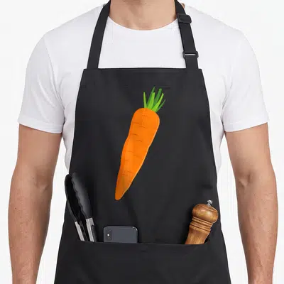 Vegetable halloween apron - Minimalist orange carrot with green leaves centered on black bib — shown on a black cotton canvas apron against a white background