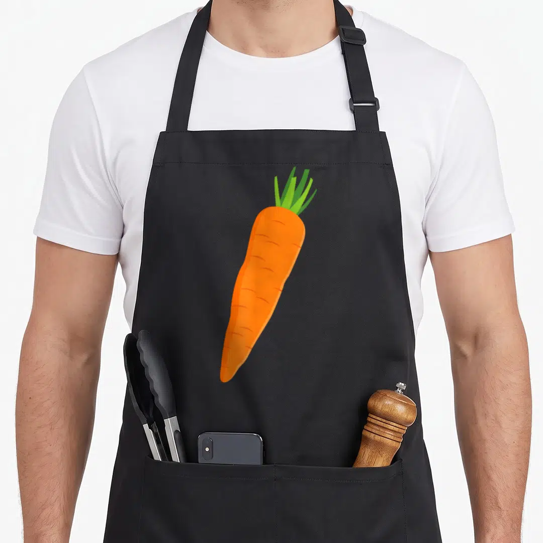 Vegetable halloween apron - Minimalist orange carrot with green leaves centered on black bib — shown on a black cotton canvas apron against a white background