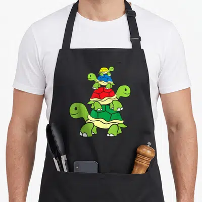 Turtle cute cartoon apron - Four cartoon turtles stacked vertically with green, yellow, blue, and red shells — shown on a black cotton canvas apron against a white background