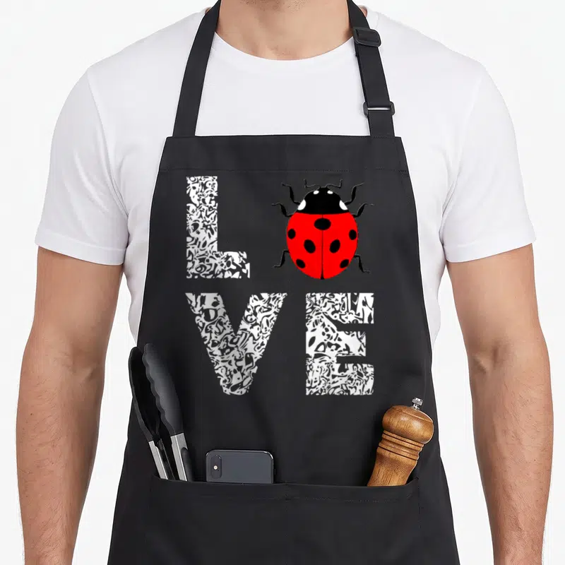Entomology ladybug apron - Red ladybug replaces letter O in textured white LOVE text — shown on a black cotton canvas apron against a white background