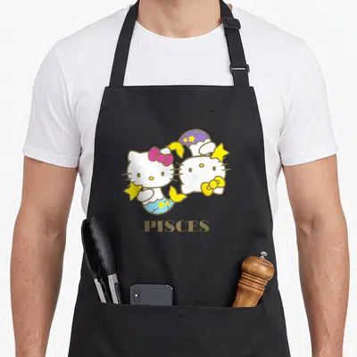 Funny pisce zodiac aprons - Two Hello Kitty characters, one mermaid, with PISCES text in gold, pink, blue, yellow, white — shown on a black cotton canvas apron against a white background