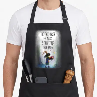Majoras face apron - Character holding a mask in a forest under stacked text questioning true identity — shown on a black cotton canvas apron against a white background