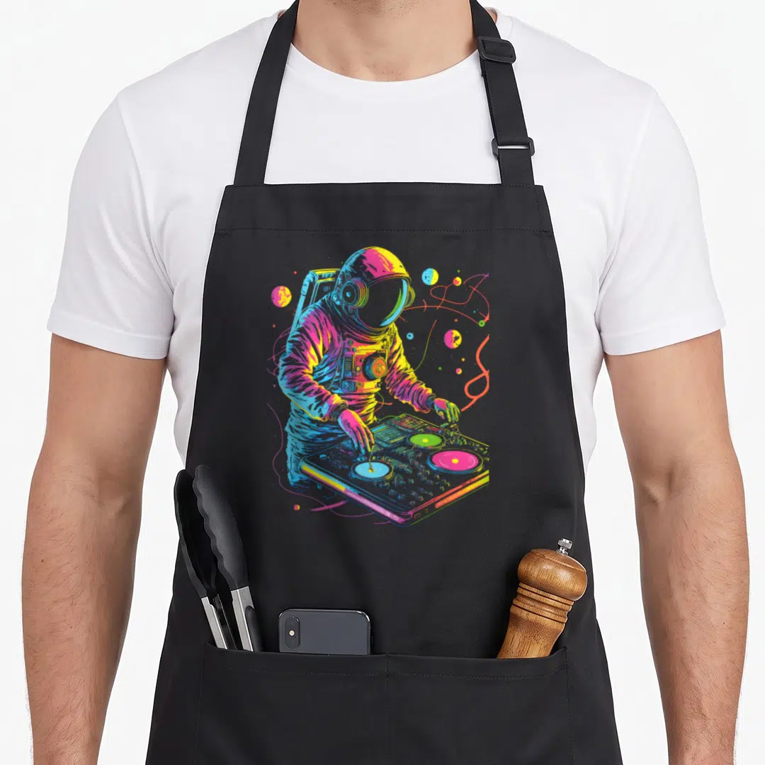 Astronaut djing apron - Cartoon astronaut standing at DJ deck with planets and swirls in blue pink yellow green — shown on a black cotton canvas apron against a white background
