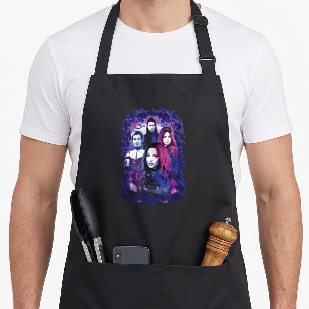Descendant malibu apron - Four people clustered in ornate blue frame with pink and purple shading — shown on a black cotton canvas apron against a white background
