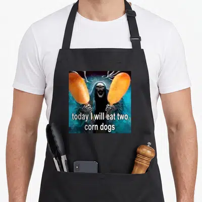 Today dog apron - Grim reaper holding two orange corn dogs with white text on black background — shown on a black cotton canvas apron against a white background