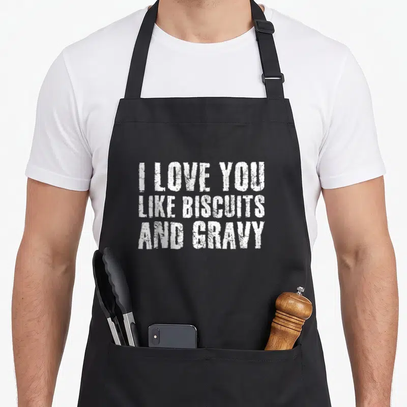 Gravy food aprons - White distressed typography reading I LOVE YOU LIKE BISCUITS AND GRAVY in three stacked lines — shown on a black cotton canvas apron against a white background