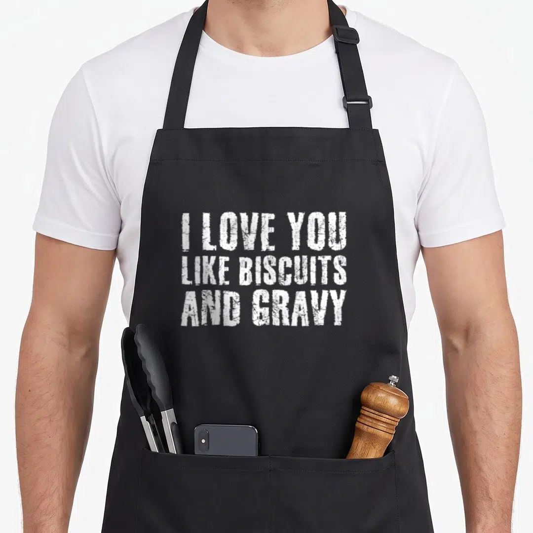 Gravy food aprons - White distressed typography reading I LOVE YOU LIKE BISCUITS AND GRAVY in three stacked lines — shown on a black cotton canvas apron against a white background