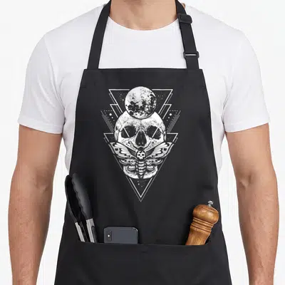 Crystal skeleton apron - White line art skull, moth, and moon inside a geometric downward triangle design — shown on a black cotton canvas apron against a white background