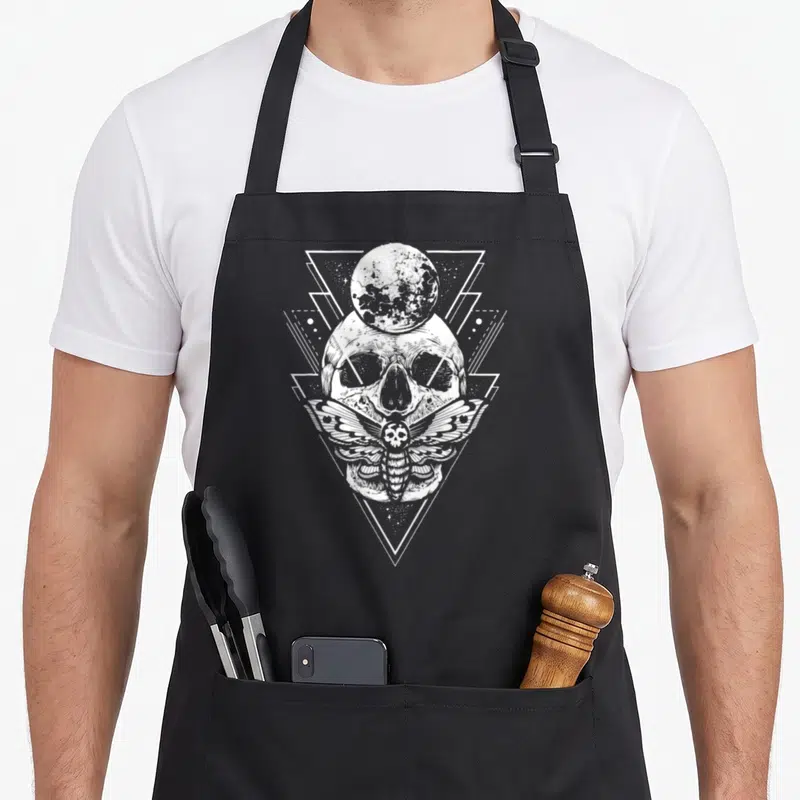 Crystal skeleton apron - White line art skull, moth, and moon inside a geometric downward triangle design — shown on a black cotton canvas apron against a white background