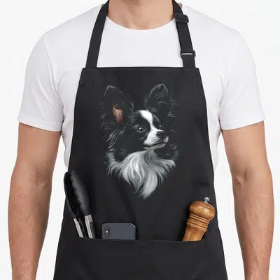 Papillon motif dog apron - Realistic grey white and brown illustration of a Papillon dog head centered on an apron — shown on a black cotton canvas apron against a white background