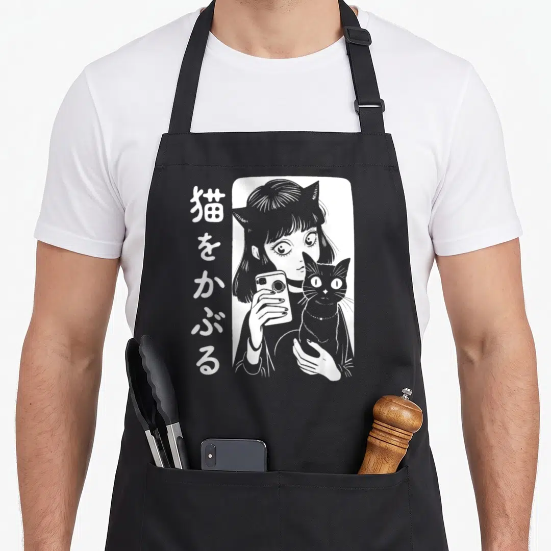 Gasp gothic cat apron - Vertical Japanese text next to girl with cat ears holding phone and black cat in white frame — shown on a black cotton canvas apron against a white background