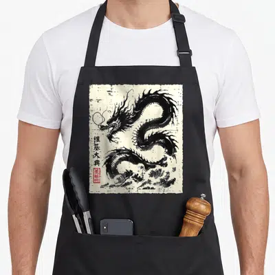 Chinese dragon apron - Black dragon line art on beige with vertical Chinese text and red seal stamp — shown on a black cotton canvas apron against a white background