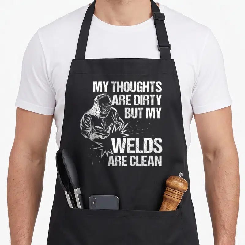 Welding metal blacksmith apron - Distressed white welder graphic with stacked text reading MY THOUGHTS ARE DIRTY BUT MY — shown on a black cotton canvas apron against a white background