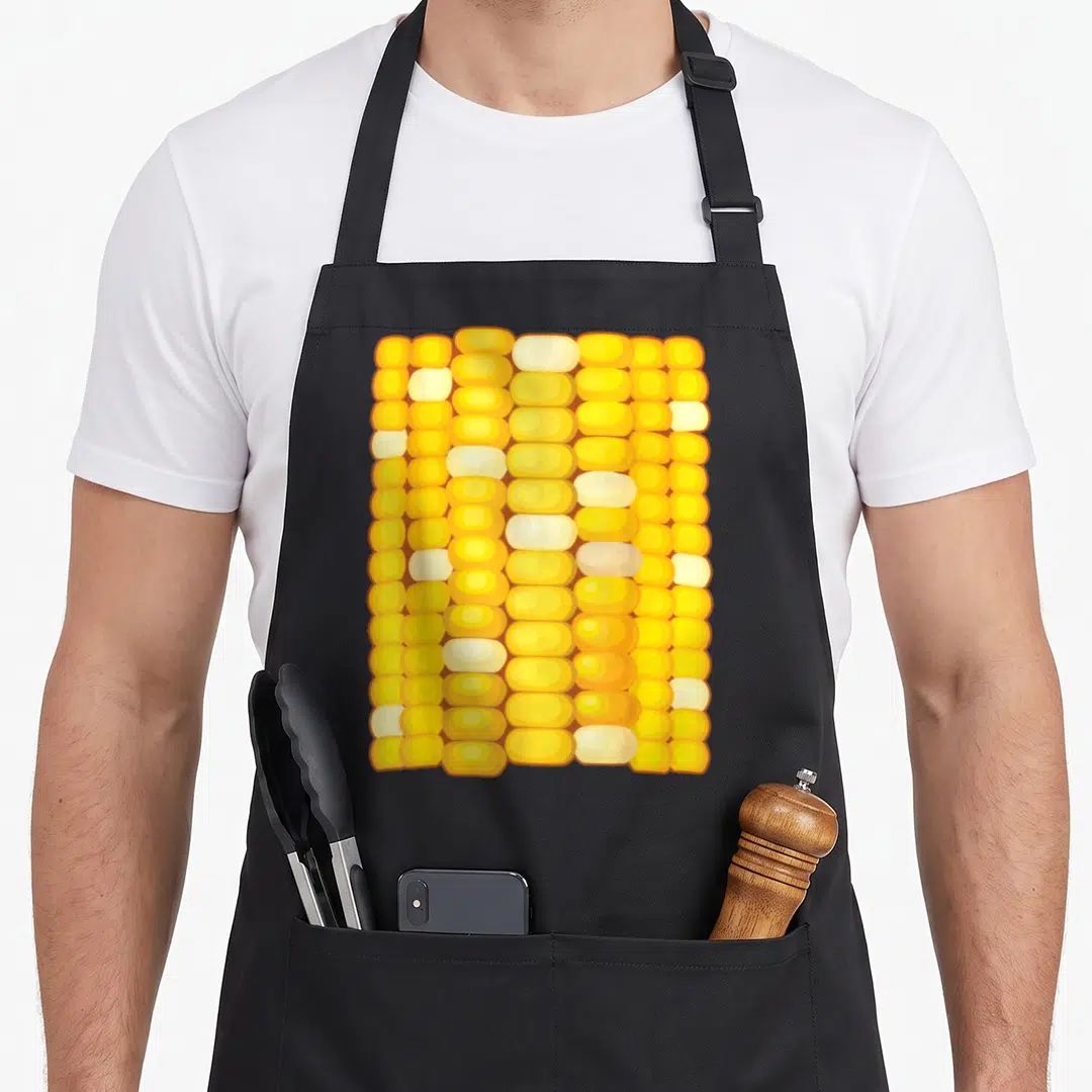 Dress halloween apron - Cartoon corn cob pattern with yellow and white kernels on black fabric — shown on a black cotton canvas apron against a white background