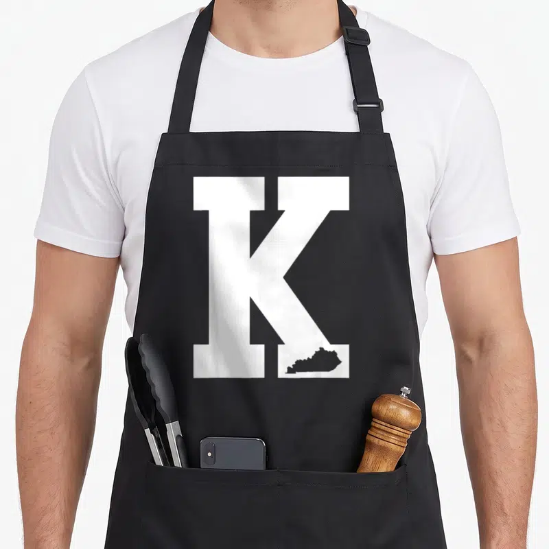 Letter kentucky apron - White letter K with Kentucky state silhouette cutout on black fabric — shown on a black cotton canvas apron against a white background