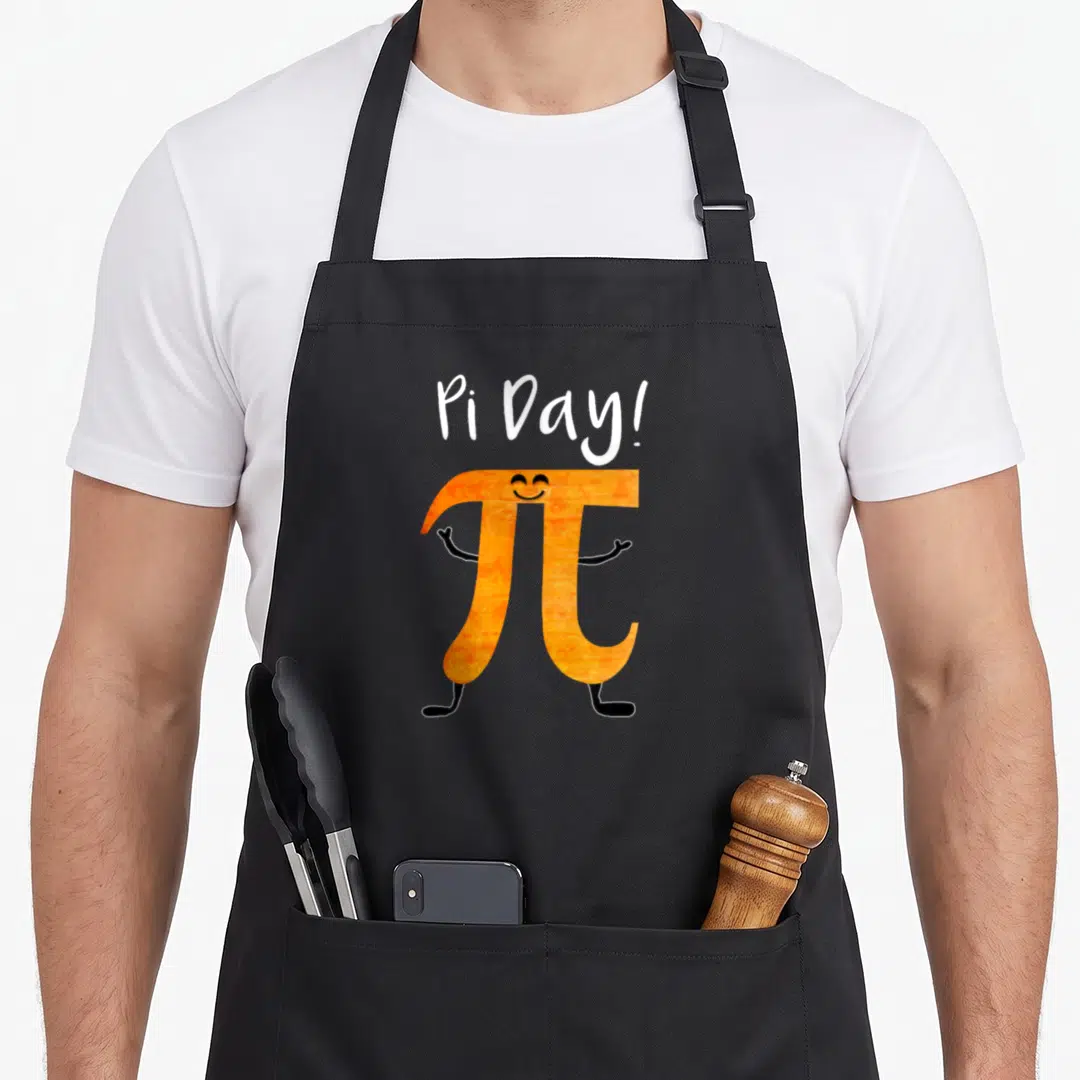 Geek teacher apron - Orange cartoon pi symbol with face and limbs below white Pi Day text — shown on a black cotton canvas apron against a white background