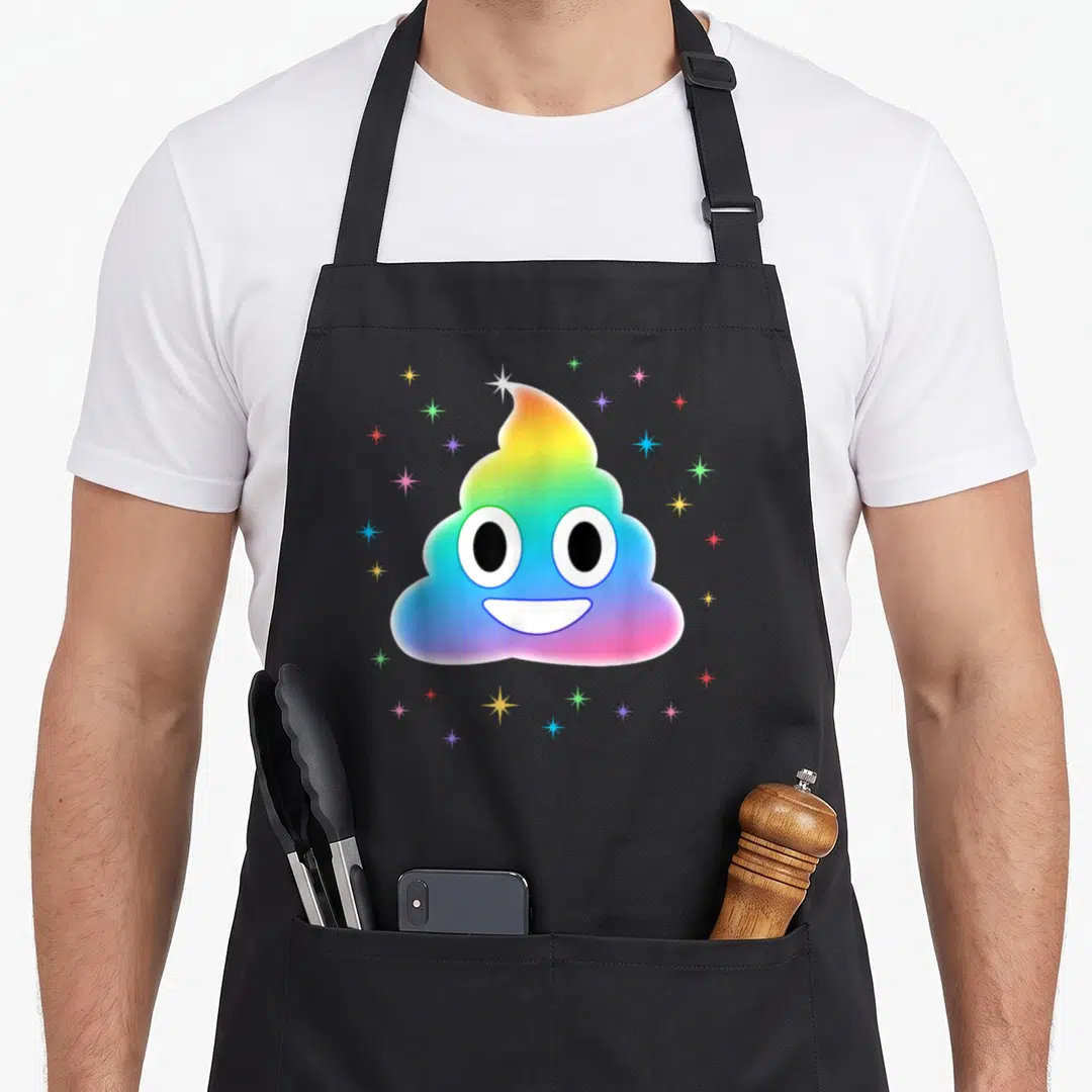 Poop unicorn apron - Rainbow smiling poop emoji surrounded by multicolored star sparkles in cartoon style — shown on a black cotton canvas apron against a white background
