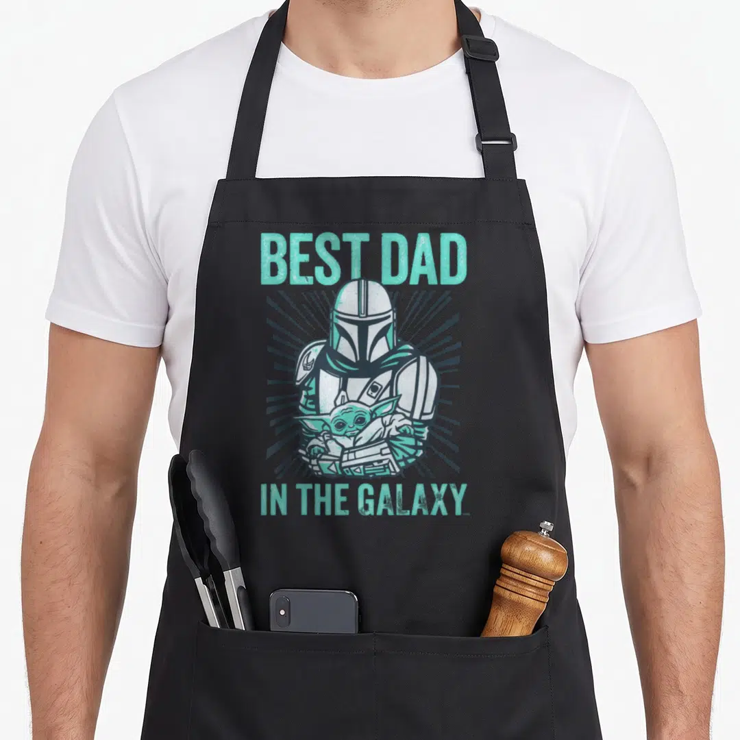 Galaxy gerbil dad apron - Cartoon Mandalorian holding Grogu with mint green text BEST DAD IN THE GALAXY and grey — shown on a black cotton canvas apron against a white background