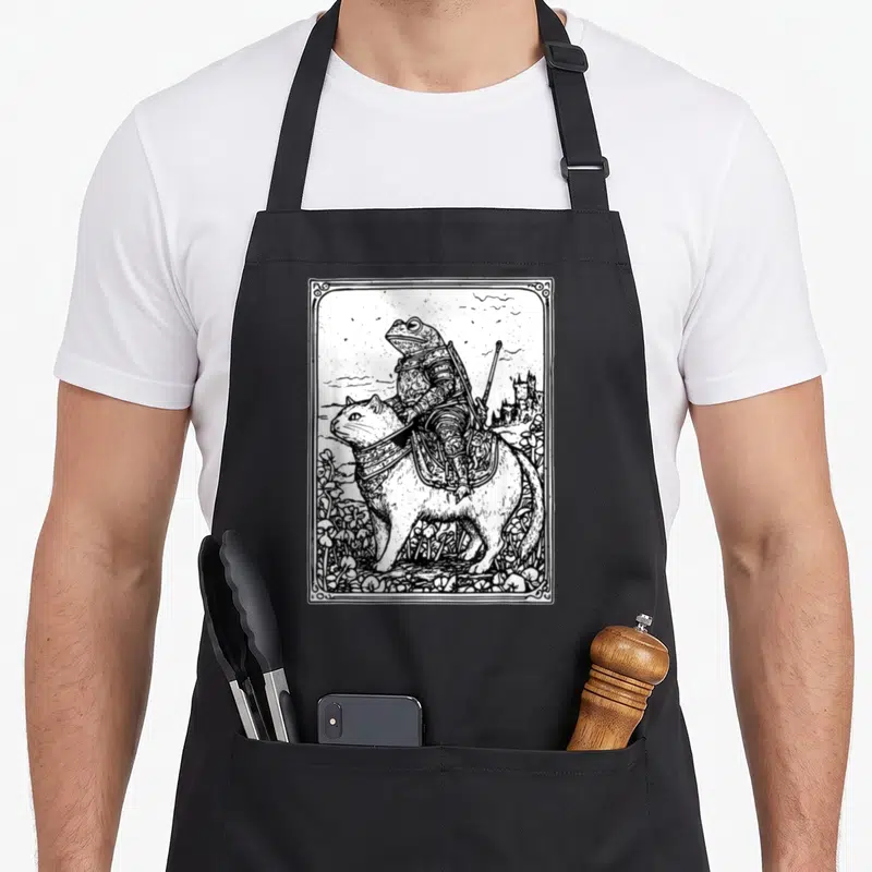 Medieval cat apron - Line art of armored frog riding cat near castle in rectangular frame — shown on a black cotton canvas apron against a white background