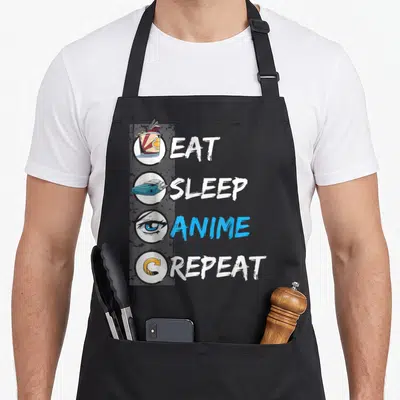 Ramen anime apron for women - Four circular icons of ramen, bed, eye, and arrow next to stacked text EAT SLEEP ANIME — shown on a black cotton canvas apron against a white background