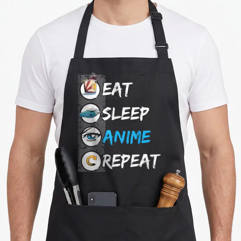 Ramen anime apron for women - Four circular icons of ramen, bed, eye, and arrow next to stacked text EAT SLEEP ANIME — shown on a black cotton canvas apron against a white background