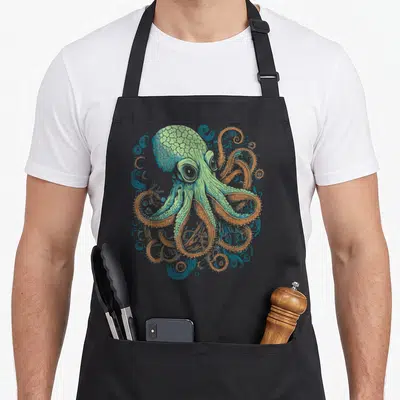 Octopus artistic apron - Cartoon octopus in green orange and blue with blue swirls — shown on a black cotton canvas apron against a white background
