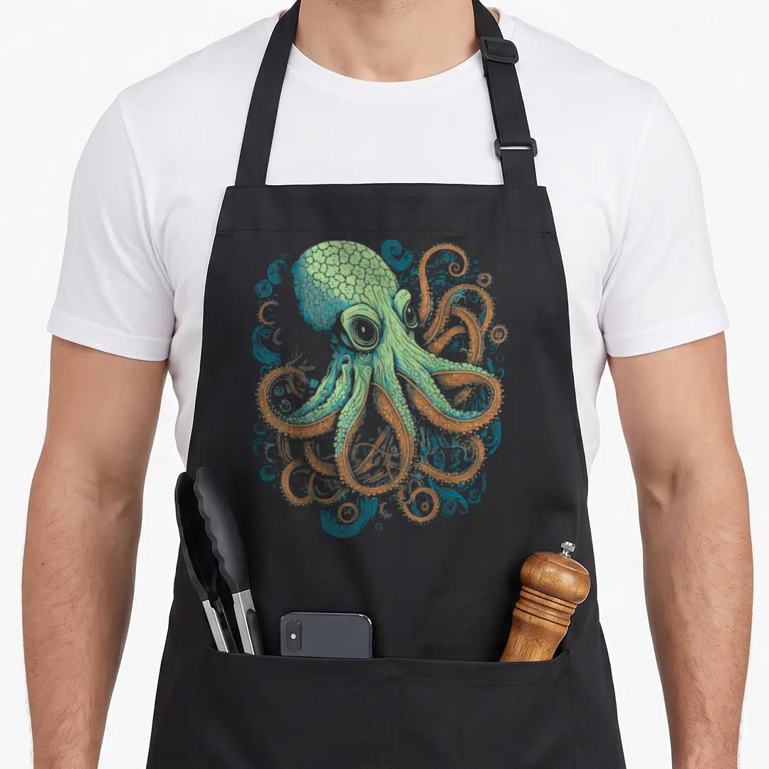 Octopus artistic apron - Cartoon octopus in green orange and blue with blue swirls — shown on a black cotton canvas apron against a white background