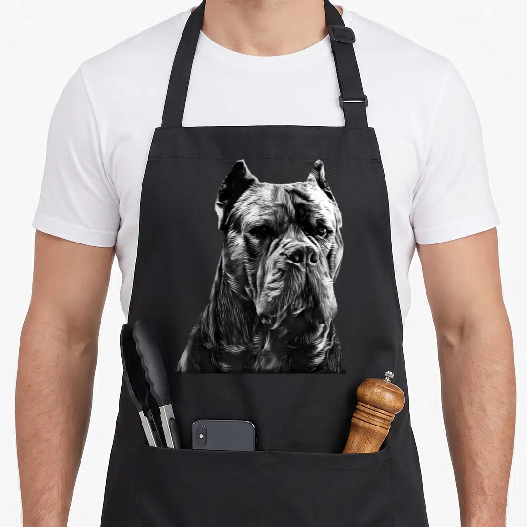 Mastiff italian apron - Realistic black white grey portrait of a Cane Corso dog head and shoulders — shown on a black cotton canvas apron against a white background