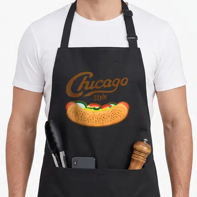 Chicago hot dog apron - Cartoon hot dog with brown Chicago Style script and tan bun with red green and yellow toppings — shown on a black cotton canvas apron against a white background
