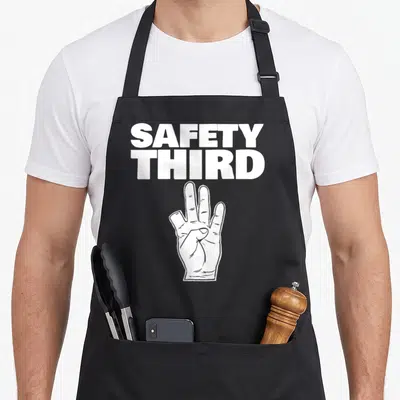 Missing safety apron - White text reading SAFETY THIRD above a hand drawing with three fingers on black fabric — shown on a black cotton canvas apron against a white background