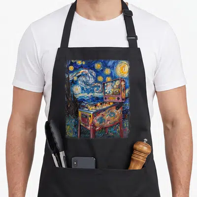 Starry game aprons - Realistic pinball machine painted with swirling blue yellow and red stars against a cypress tree — shown on a black cotton canvas apron against a white background