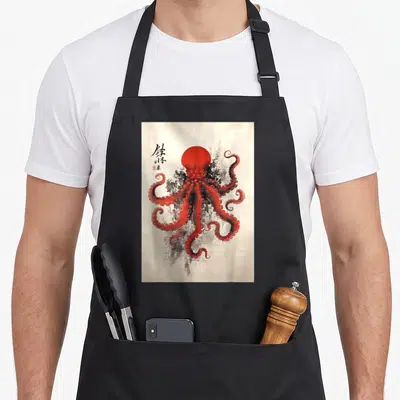 Gyotaku japan apron - Red octopus watercolor with black ink splashes and vertical Japanese calligraphy text on beige — shown on a black cotton canvas apron against a white background