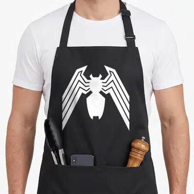Symbiote hobby apron - White stylized spider emblem centered on grey background — shown on a black cotton canvas apron against a white background