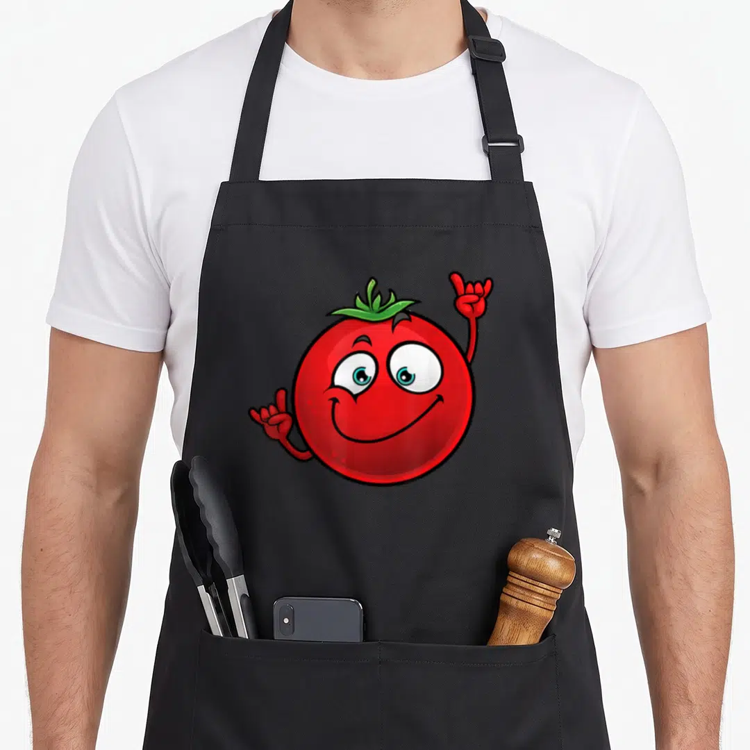Tomato farm apron - Red cartoon tomato with face and hands making rock gestures in white and green — shown on a black cotton canvas apron against a white background
