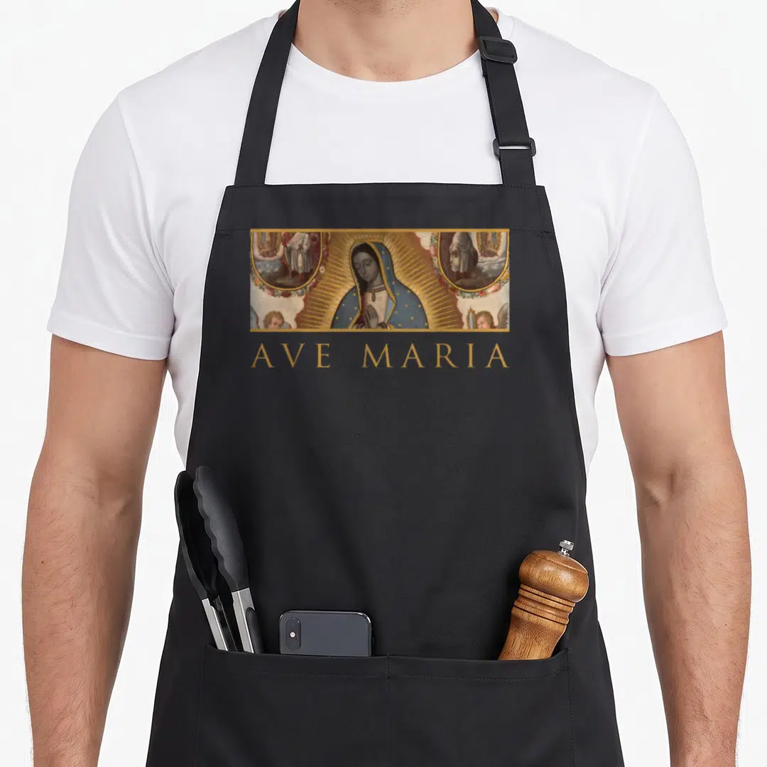 Ave our lady of guadalupe apron - Rectangular painting of Virgin Mary in blue robe with gold rays and Ave Maria text — shown on a black cotton canvas apron against a white background