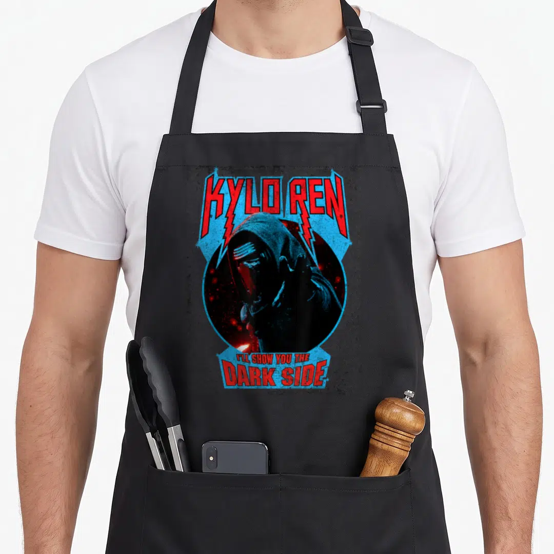 Force show lover apron - Kylo Ren hooded figure in blue circle with red lightning and dark side text — shown on a black cotton canvas apron against a white background