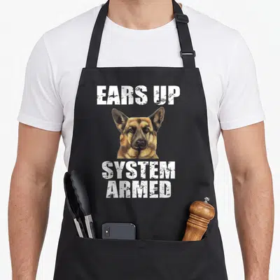 Ear german apron - Realistic German Shepherd head between white Ears Up System Armed text blocks — shown on a black cotton canvas apron against a white background