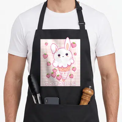 Kawaii ice cream apron - White bunny ice cream scoop on cone with strawberries and Japanese text on pink grid — shown on a black cotton canvas apron against a white background