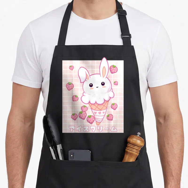 Kawaii ice cream apron - White bunny ice cream scoop on cone with strawberries and Japanese text on pink grid — shown on a black cotton canvas apron against a white background