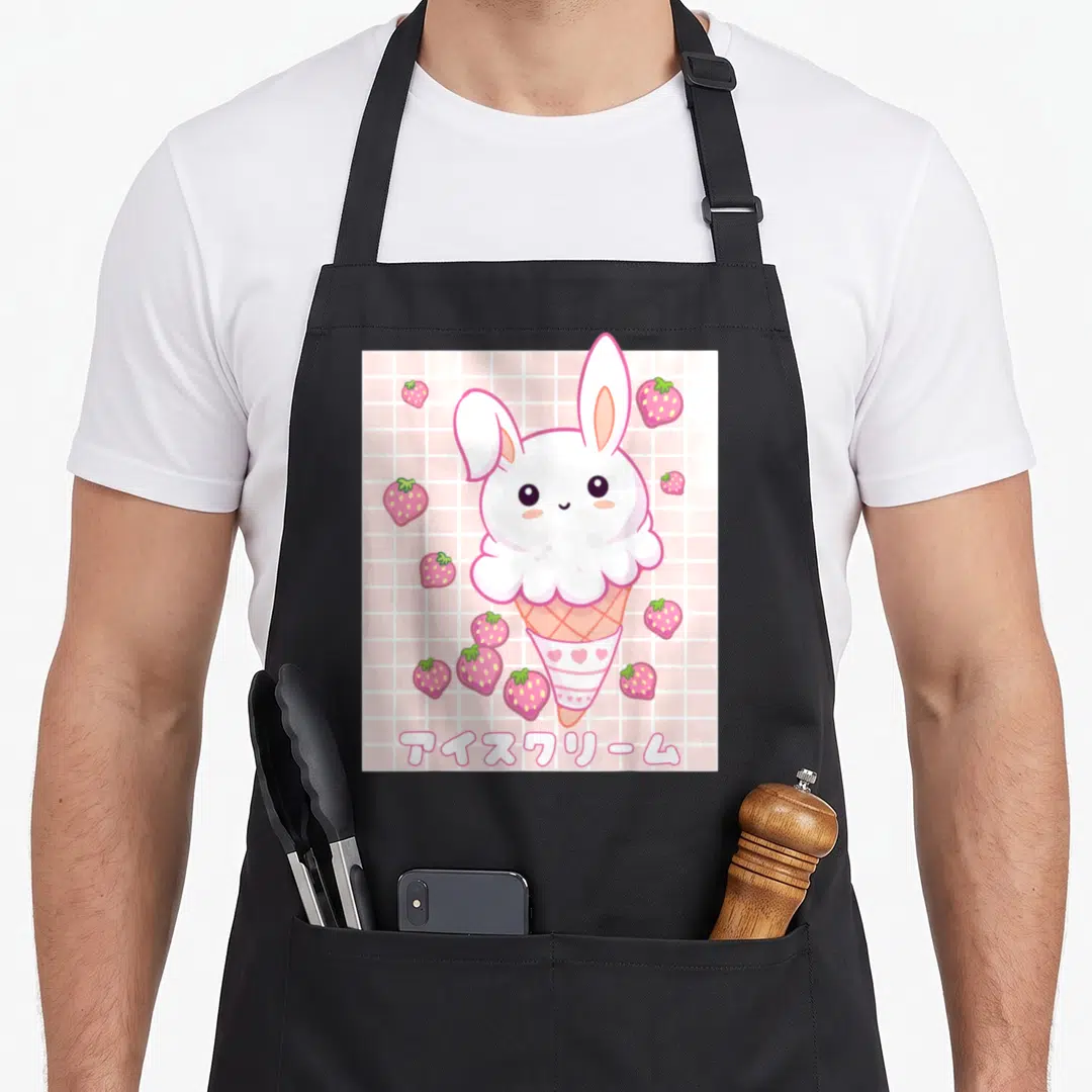 Kawaii ice cream apron - White bunny ice cream scoop on cone with strawberries and Japanese text on pink grid — shown on a black cotton canvas apron against a white background