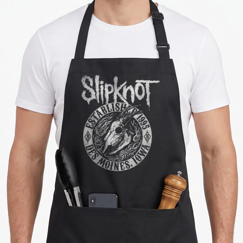Slipknot skull apron - Light grey distressed skull emblem with established 1995 Des Moines Iowa text — shown on a black cotton canvas apron against a white background