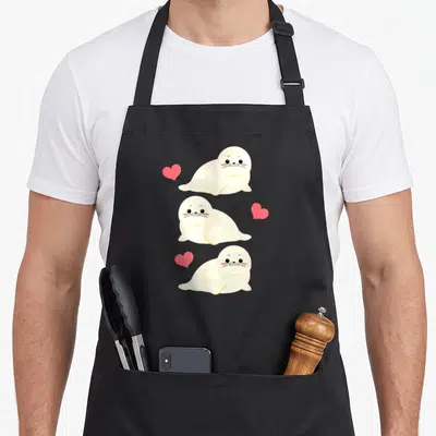 Sea lion apron - Three cream cartoon seals with pink cheeks and red hearts stacked vertically — shown on a black cotton canvas apron against a white background
