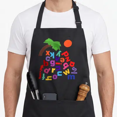 Alphabet tree apron - Cartoon palm tree with scattered red blue purple yellow and green lowercase letters under fronds — shown on a black cotton canvas apron against a white background
